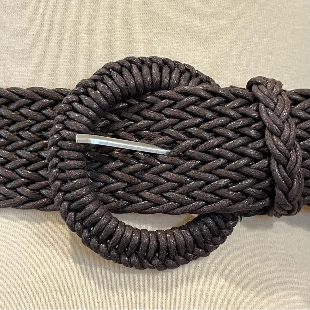 Boho Wide Braided Woven Belt Oversized Round Buckle Cinch Taupe Brown OS